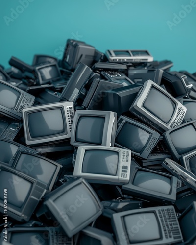 A cluttered pile of vintage televisions stacked together against a teal backdrop, showcasing retro technology and nostalgic design. photo