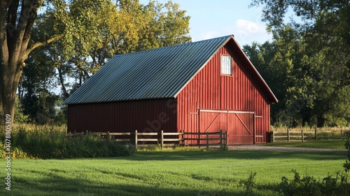 A classic red barn stands tall in a rural setting.