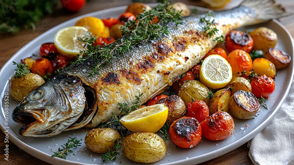 Baked sea Bass fish with arugula, grilled seabass. Black background. Top view. Baked sea Bass fish with arugula, grilled seabass. Black background. Top view.