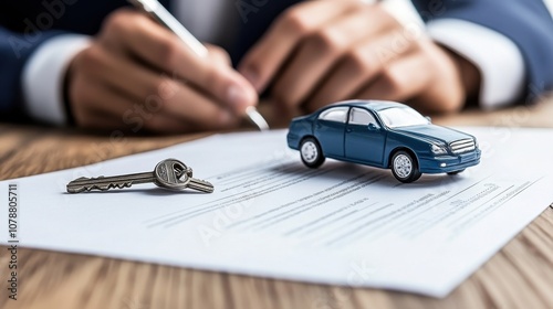 Business professional completes car insurance agreement by signing necessary documents with a model car presenting the policy details