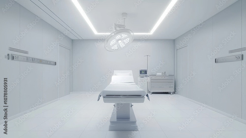 A sterile, minimalist surgical room with a bright ambiance, featuring an operating table and advanced medical equipment against a white backdrop. A sterile, minimalist surgical room with a bright ambiance, featuring an operating table and advanced medical equipment against a white backdrop.