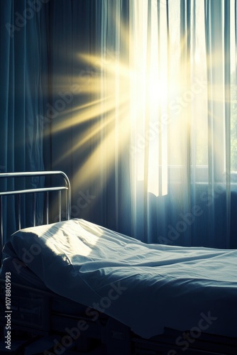 A serene bedroom scene illuminated by soft sunlight filtering through sheer curtains, creating a warm and inviting atmosphere.