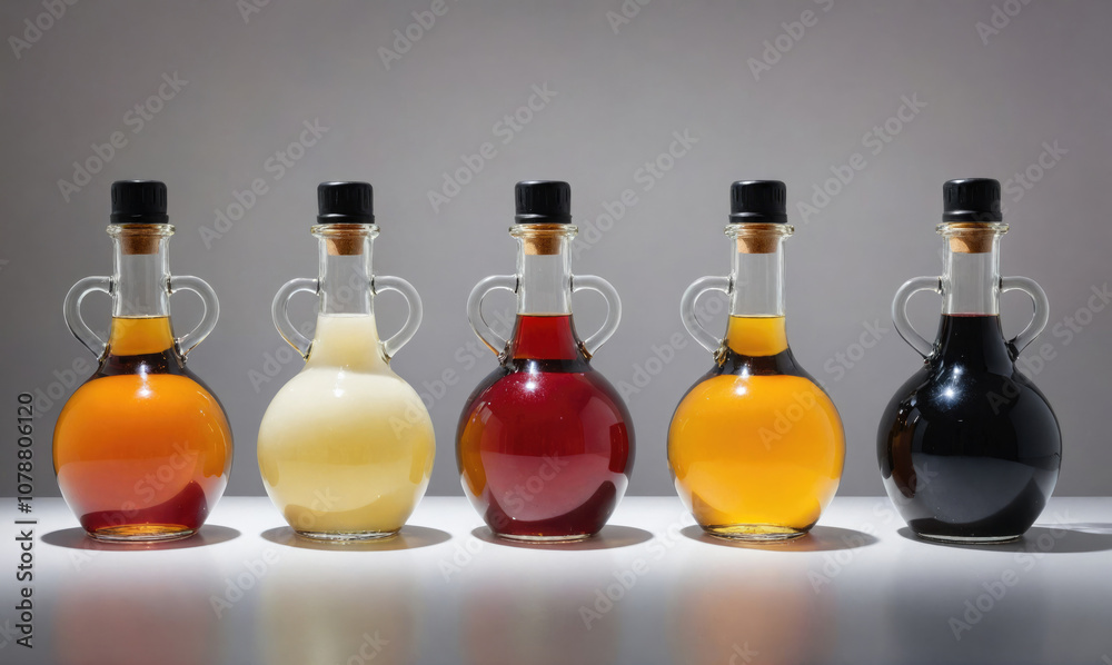 Five glass bottles with different colored liquids are lined up on a white surface Five glass bottles with different colored liquids are lined up on a white surface