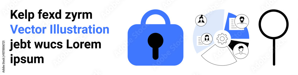 Large blue lock at center, magnifying glass, and connected user profiles with gears. Ideal for cybersecurity, data protection, privacy policies, network security, digital security courses, secure Large blue lock at center, magnifying glass, and connected user profiles with gears. Ideal for cybersecurity, data protection, privacy policies, network security, digital security courses, secure
