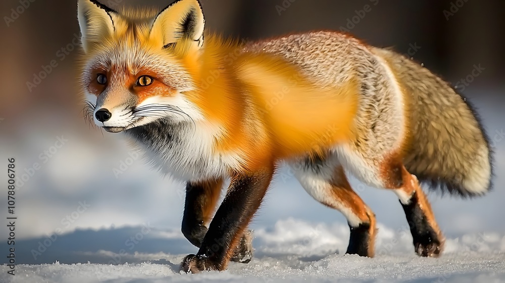 Winter Wildlife: A fox with thick fur navigates the snow, its breath visible in the cold air. The animal’s determination to find food contrasts with the serene, icy landscape. Winter Wildlife: A fox with thick fur navigates the snow, its breath visible in the cold air. The animal’s determination to find food contrasts with the serene, icy landscape.