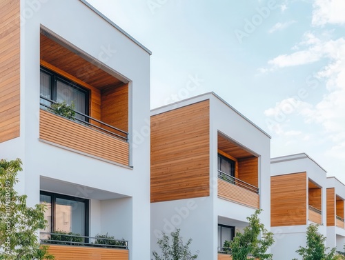 Residential area with ecological and sustainable green residential buildings, lowenergy houses with wooden facade, timber construction and green courtyard photo