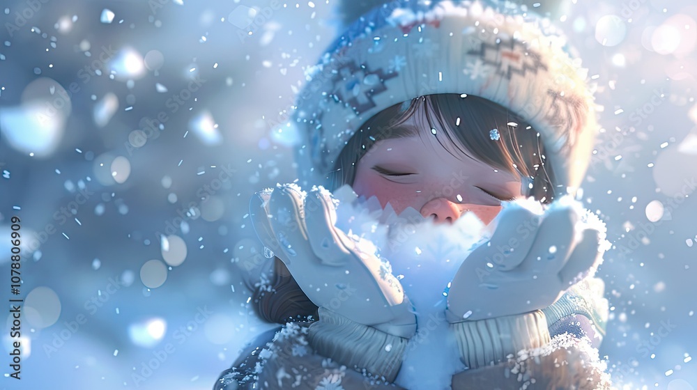 A cute little girl wearing white gloves and a blue hat 