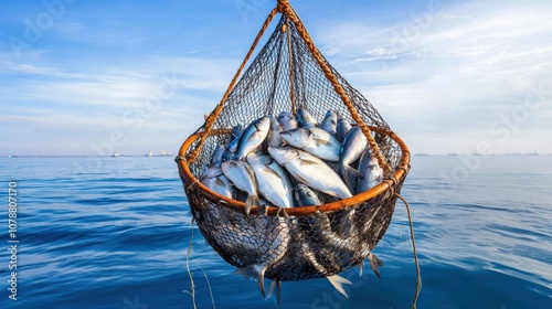 A fishing net filled with fresh fish, hanging over calm blue waters under a clear sky.