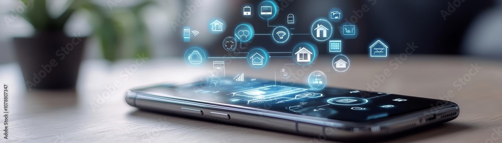 Futuristic smartphone projecting floating tech icons, smart home automation visuals, seamless connection with digital environment, innovation in mobile tech Futuristic smartphone projecting floating tech icons, smart home automation visuals, seamless connection with digital environment, innovation in mobile tech