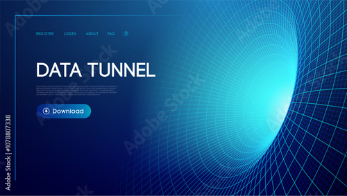 Digital data tunnel with blue grid pattern creating a futuristic network theme for technology.