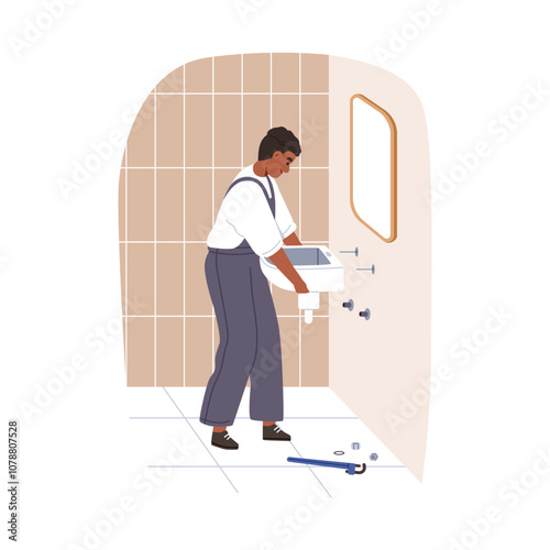 Bathroom sink installation. Plumber adjusting basin during home renovation, repair. Handyman, repairman installing washbasin in washroom. Flat vector illustration isolated on white background