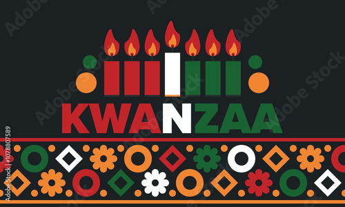 Kwanzaa Happy Celebration. African and African-American culture holiday. Seven days festival, celebrate annual from December 26 to January 1. Black history. Poster, card, banner and background. Vector