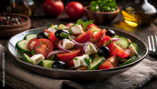 Greek Salad - A fresh mix of tomatoes, cucumbers, olives, and feta cheese