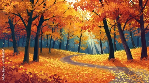 vibrant autumn forest vibrant and colorful portrayal autumn forest with trees adorned golden leaves winding paths and dappled sunlight capturing the beauty and richness generated illustration