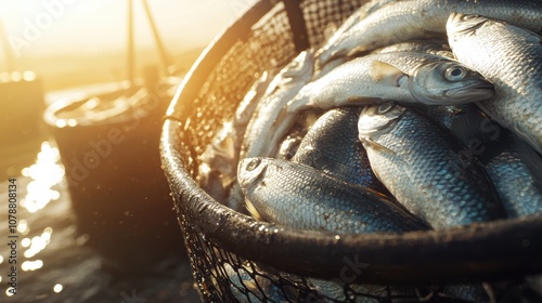 A fishing basket filled with fresh fish, glistening in the sunlight, embodies the essence of coastal harvest and marine abundance.
