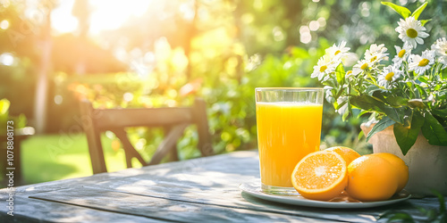 Refreshing Glass of Freshly Squeezed Orange Juice on a Wooden Table Surrounded by Vibrant Greenery and Bright Flowers in a Sunlit Garden Setting