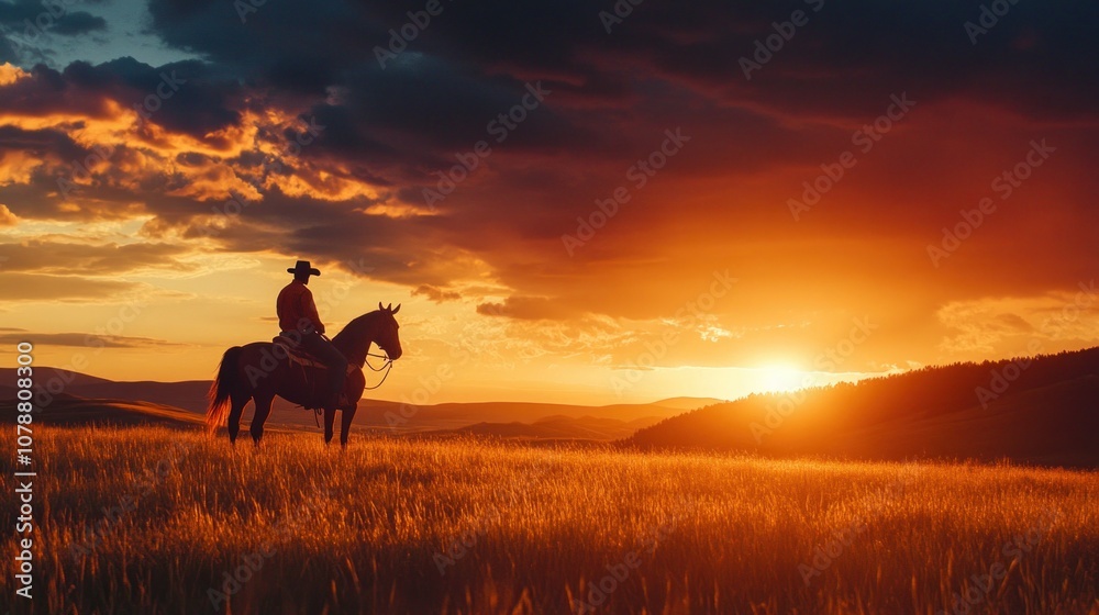 Fototapeta premium Silhouette of a Cowboy on Horseback at Sunset