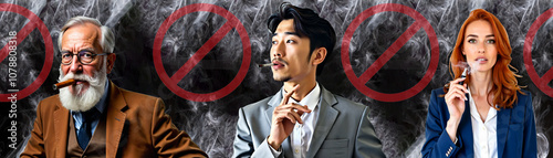 Portraits of an old man with a cigar, young man smoking a cigarette, young woman with vape. The signs prohibiting smoking on the background.