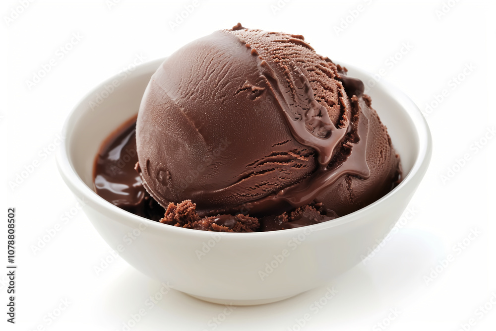 Smooth chocolate ice cream scoop in minimalist white bowl on white background. Dessert concept Smooth chocolate ice cream scoop in minimalist white bowl on white background. Dessert concept