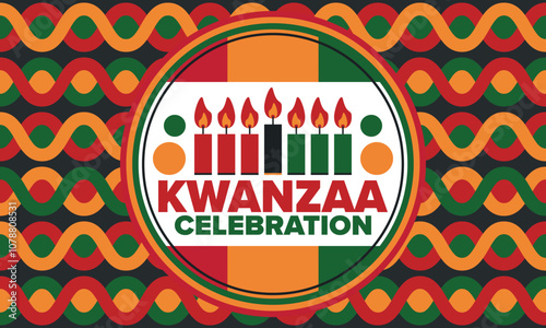 Kwanzaa Happy Celebration. African and African-American culture holiday. Seven days festival, celebrate annual from December 26 to January 1. Black history. Poster, card, banner and background. Vector