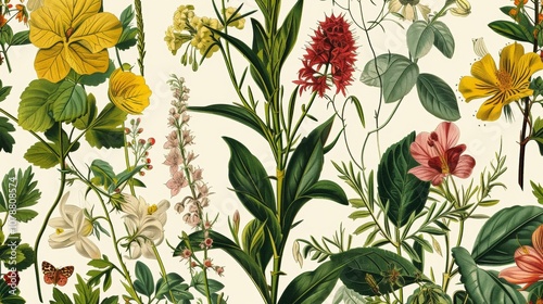 vintage botanical print vintage inspired botanical print featuring intricately detailed illustrations flowers plants and botanical specimens evoking sense old world charm generated illustration