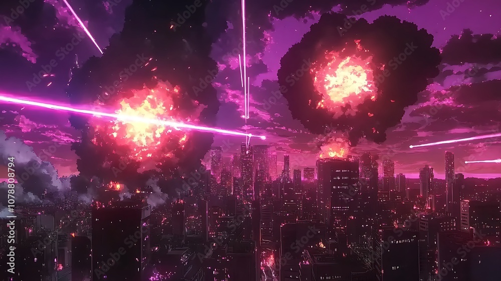 Fototapeta premium Futuristic anime battle with lasers and glowing explosions in a city