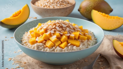 Creamy oatmeal bowl topped with fresh mango chunks and oats on a blue background