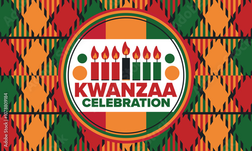 Kwanzaa Happy Celebration. African and African-American culture holiday. Seven days festival, celebrate annual from December 26 to January 1. Black history. Poster, card, banner and background. Vector