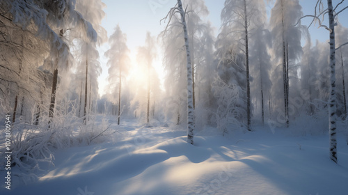 sunlight through the winter snow forest