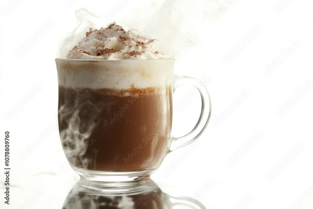A steaming glass of hot chocolate drink with rich, creamy froth on top, placed on a reflective surface. A steaming glass of hot chocolate drink with rich, creamy froth on top, placed on a reflective surface.