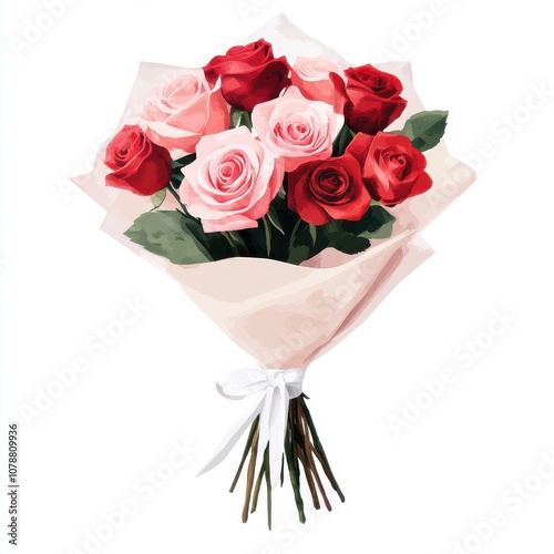 A beautiful bouquet of red and pink roses wrapped elegantly, perfect for expressing love and appreciation.