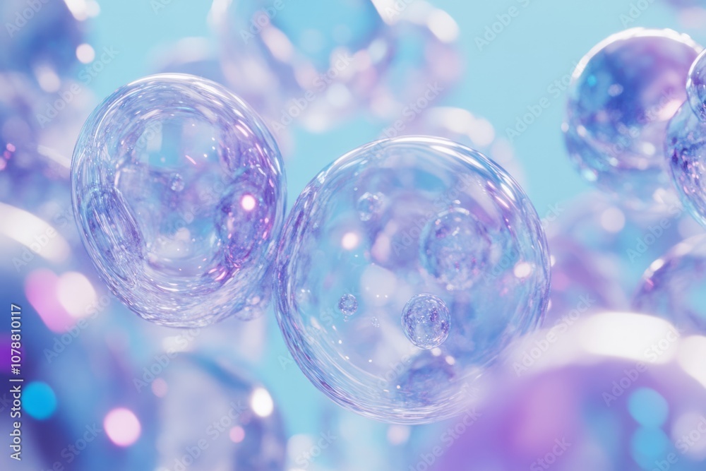 On a clean background, transparent floating bubbles, dreamy, blue ,purple.
