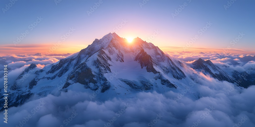 A majestic mountain peak rises above clouds at sunrise, showcasing nature's beauty.