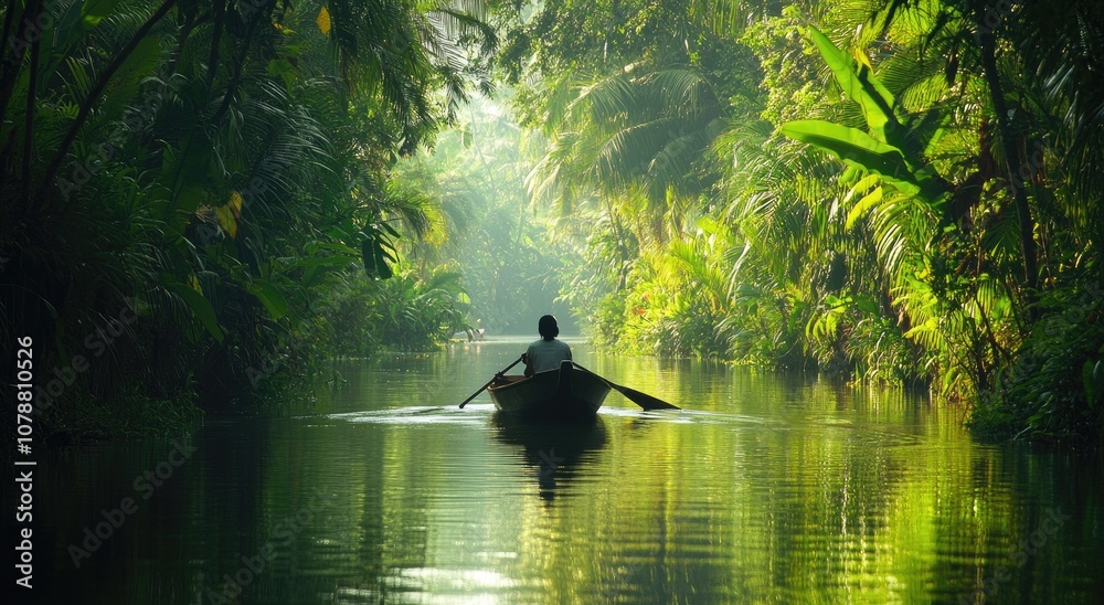 A man in a traditional wooden boat with a white hat rowing through the lush green canals A man in a traditional wooden boat with a white hat rowing through the lush green canals