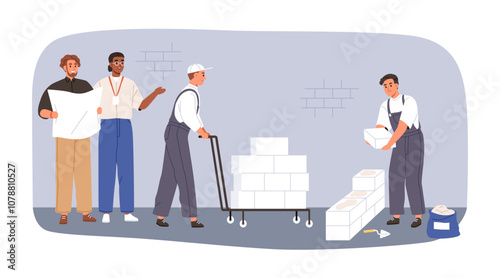 Building repairing workers at construction site. Builders, repairman team, bricklayer laying bricks, installing wall. Supervising renovation. Flat vector illustration isolated on white background