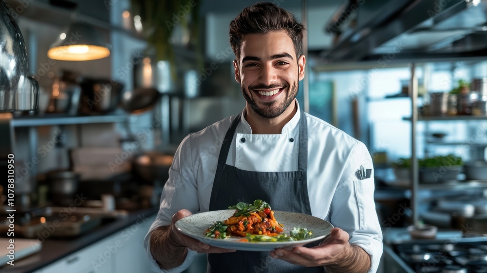 Chef Presenting a Gourmet Dish in a Modern Kitchen Chef Presenting a Gourmet Dish in a Modern Kitchen