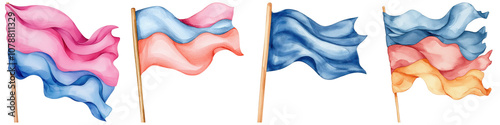 Four colorful flags waving in the wind, featuring shades of blue, pink, and yellow, symbolizing diversity and inclusivity. photo