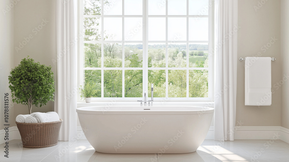 Elegant Bathroom with Bathtub and Green View Elegant Bathroom with Bathtub and Green View