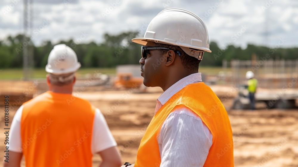 Construction Site Manager Giving Instructions to Team with Building in Background Construction Site Manager Giving Instructions to Team with Building in Background