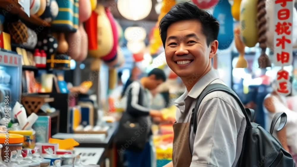 A smiling asian store clerk is bustling with activity, handling a surge of tourists drawn by over tourism A smiling asian store clerk is bustling with activity, handling a surge of tourists drawn by over tourism