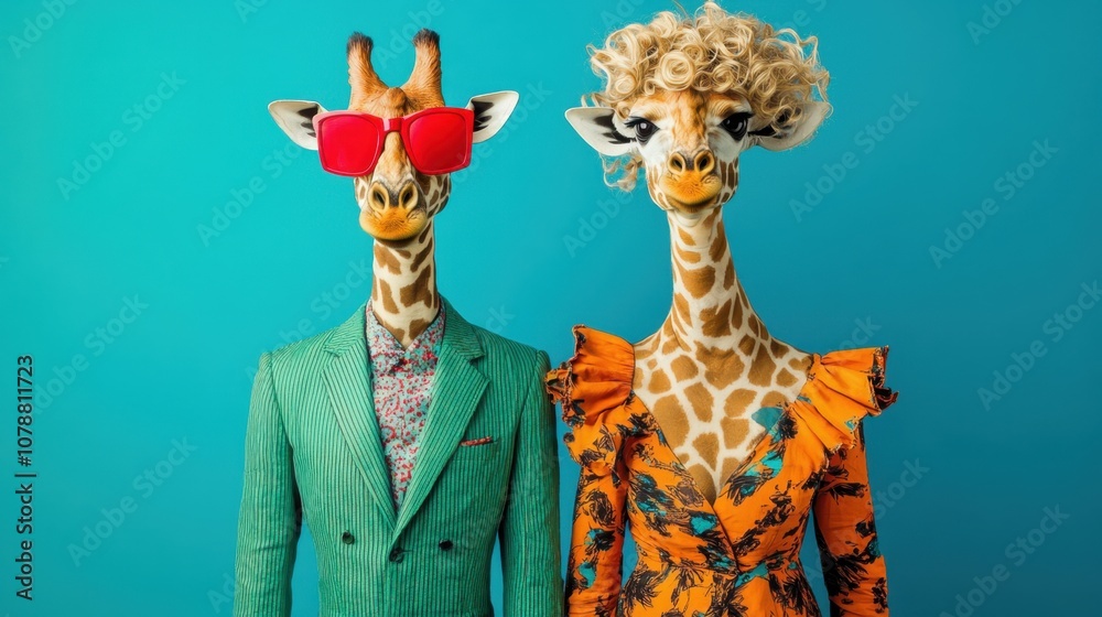 Fototapeta premium Two giraffes dressed up in human clothes, with one wearing sunglasses, standing against a blue background