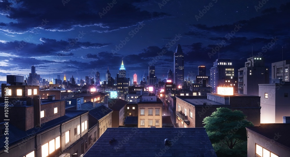 Fototapeta premium Anime urban rooftop glowing city lights nighttime skyline peaceful atmosphere