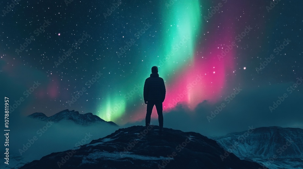 Man Silhouetted Against Aurora Borealis Man Silhouetted Against Aurora Borealis