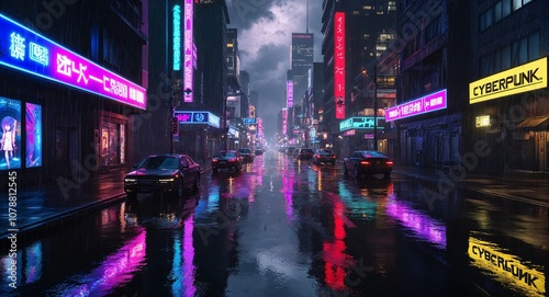 Cyberpunk anime cityscape neon lights reflecting rainsoaked urban streets