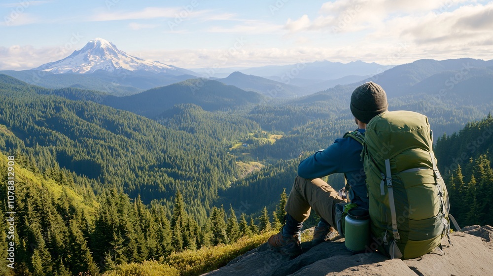 A hiker gazes at a stunning mountain view, surrounded by lush forests, capturing the beauty of nature and the spirit of adventure.