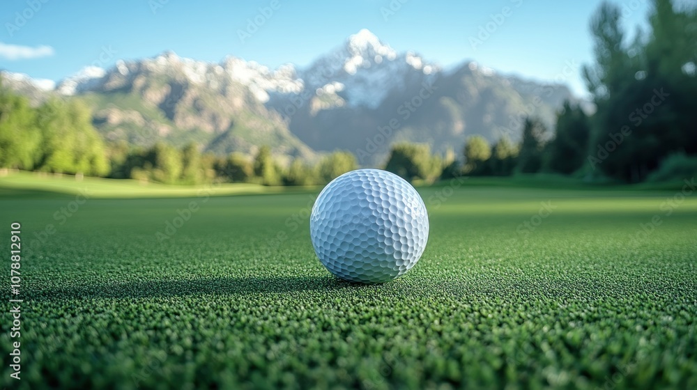 Golf Ball on Green with Mountain Background Golf Ball on Green with Mountain Background