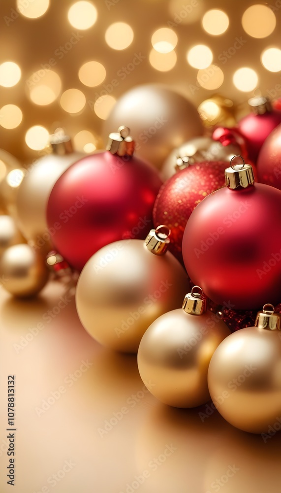 Elegant Red Baubles with Metallic Sheen on Gold Bokeh Background Elegant Red Baubles with Metallic Sheen on Gold Bokeh Background
