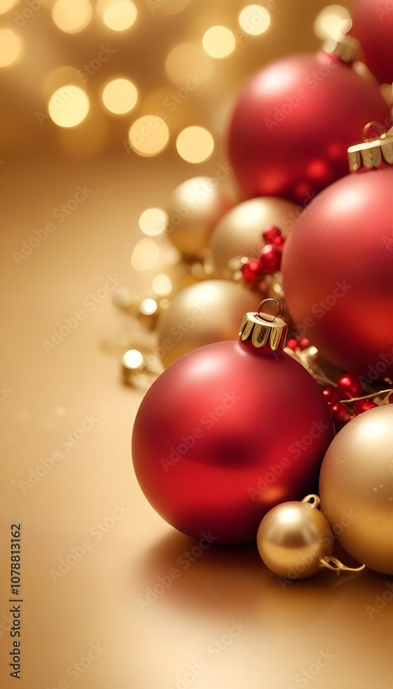 Elegant Red Baubles with Metallic Sheen on Gold Bokeh Background Elegant Red Baubles with Metallic Sheen on Gold Bokeh Background