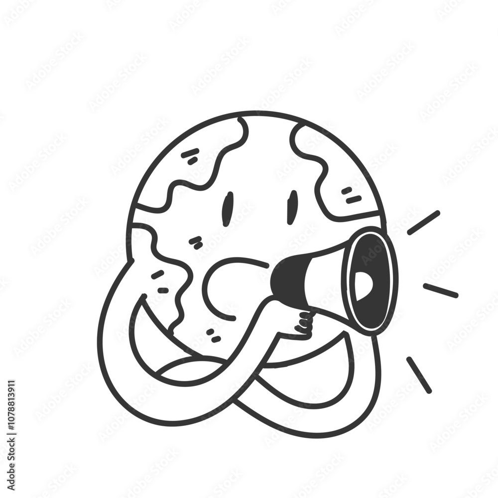 hand drawn doodle earth globe character mascot holding megaphone hand drawn doodle earth globe character mascot holding megaphone