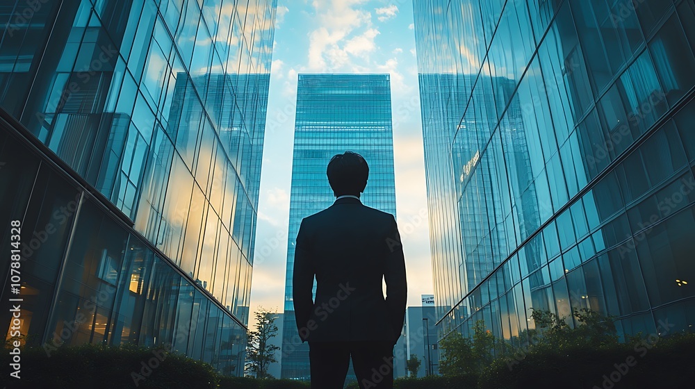 Business professional examines tall office buildings Business professional examines tall office buildings